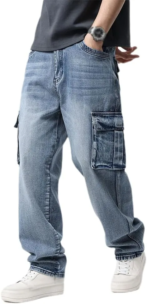 XYGJZ Mens Hip Hop Baggy Jeans Relaxed Fit Skater Cargo Denim Pants Multi-Pockets Motorcycle Pants