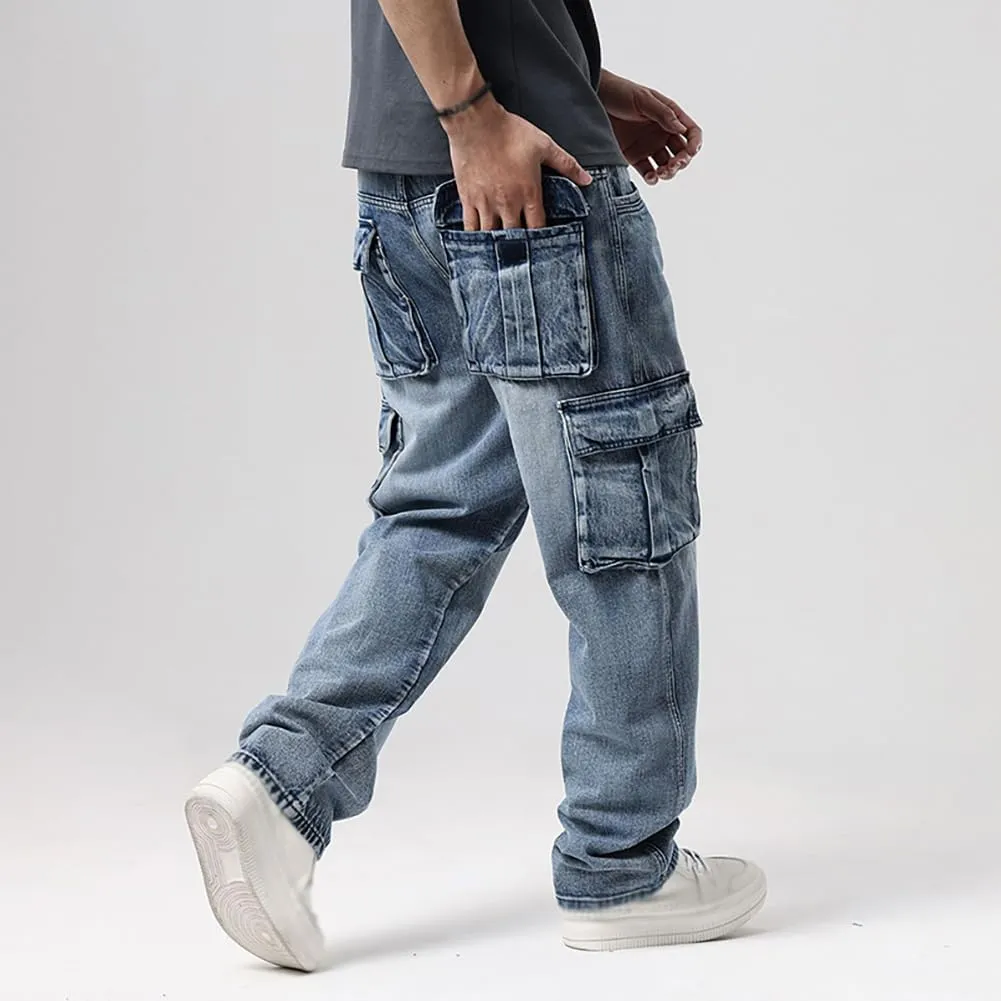 XYGJZ Mens Hip Hop Baggy Jeans Relaxed Fit Skater Cargo Denim Pants Multi-Pockets Motorcycle Pants