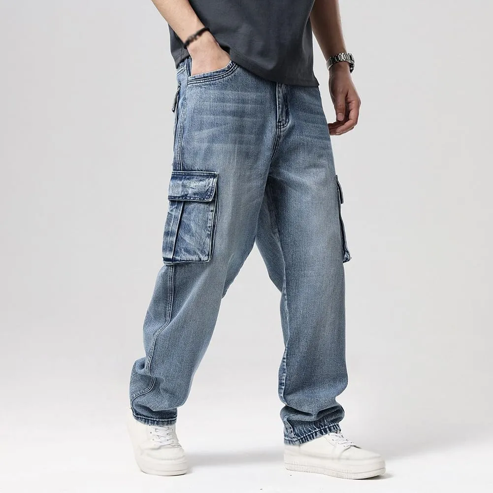 XYGJZ Mens Hip Hop Baggy Jeans Relaxed Fit Skater Cargo Denim Pants Multi-Pockets Motorcycle Pants