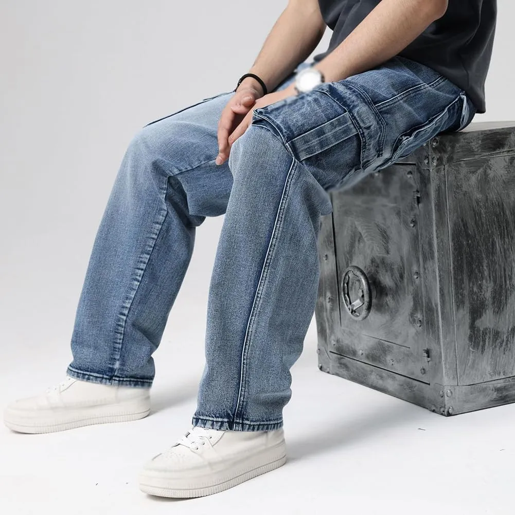 XYGJZ Mens Hip Hop Baggy Jeans Relaxed Fit Skater Cargo Denim Pants Multi-Pockets Motorcycle Pants