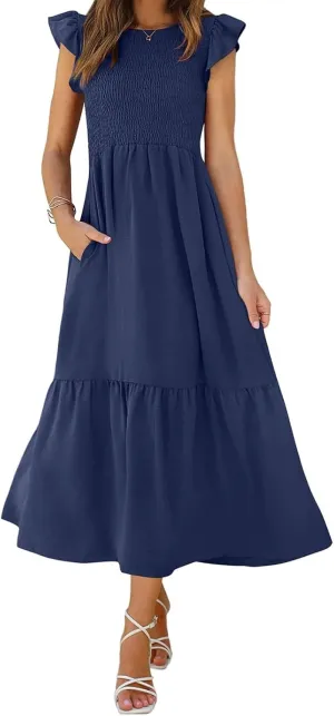 ZWRXW Maxi Dresses for Women Summer Ruffle Cap Sleeve Dress Smocked High Waist Flowy A Line Tiered Long Dress with Pockets