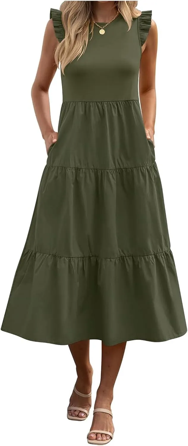 ZWRXW Women's Summer Dresses Casual Flutter Cap Sleeve Dress A-Line Flowy Tiered Beach Midi Dress Trendy Outfits with Pockets